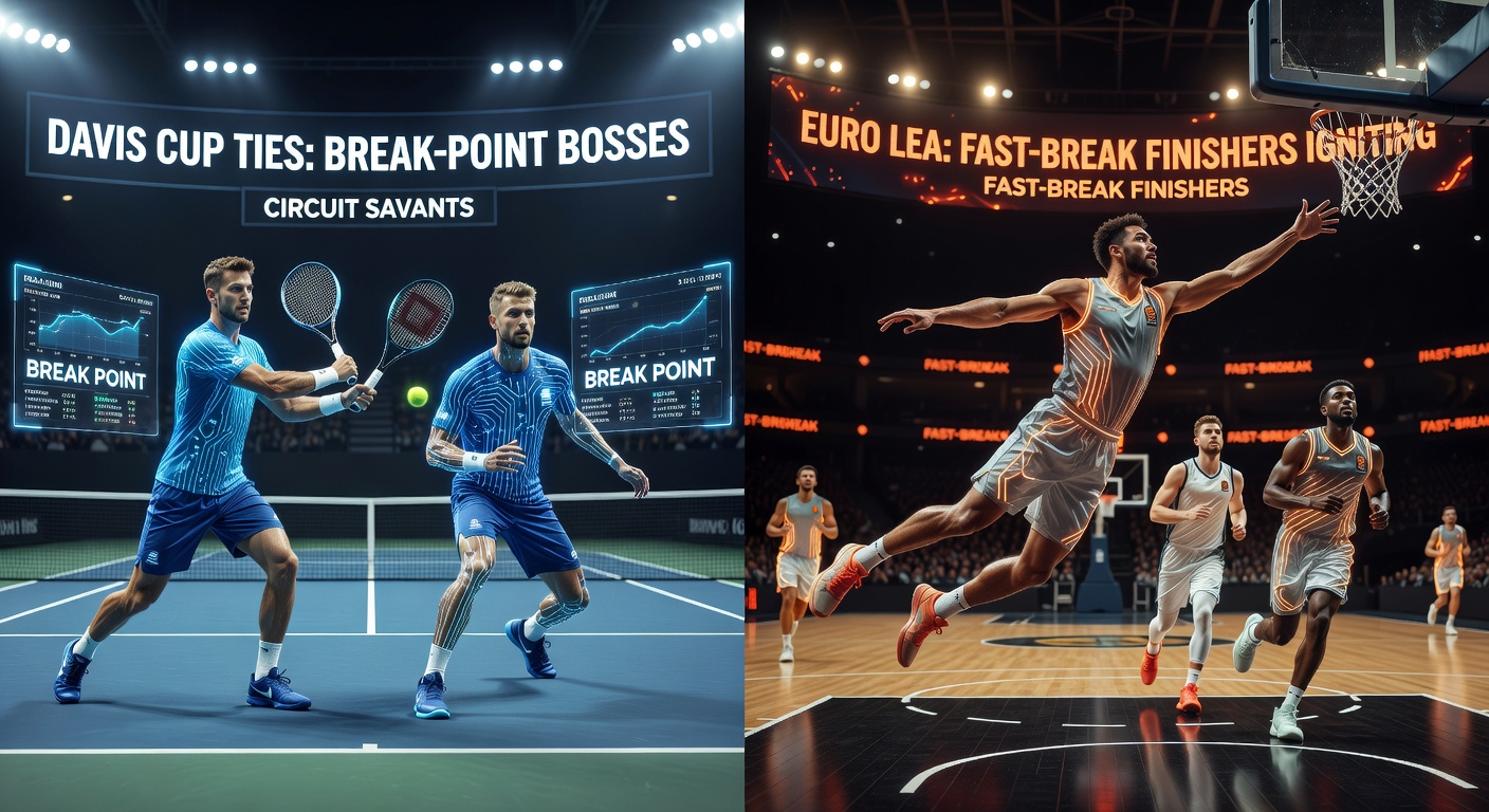 EuroLeague semifinal fast-break finish with a player dunking amid defenders, arena lights flashing