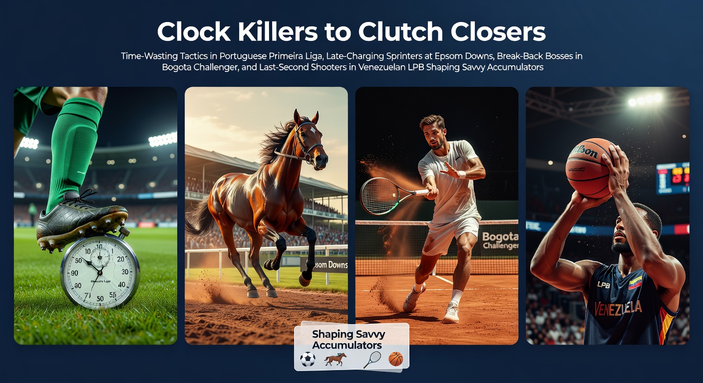 A dynamic collage showing a soccer player delaying play in Primeira Liga, a horse surging late at Epsom Downs, a tennis player breaking serve in Bogota, and a basketball buzzer-beater in Venezuelan LPB action