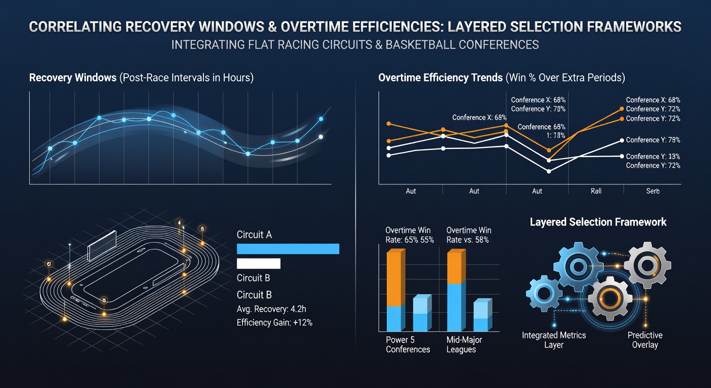 Diagram showing recovery timelines in flat racing circuits alongside basketball overtime performance metrics across major conferences
