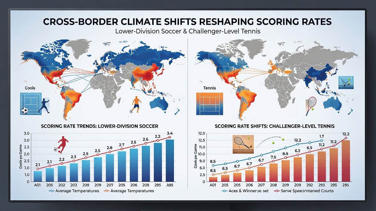 Challenger tennis court showing heat-affected play with players managing longer rallies under shifted climate conditions