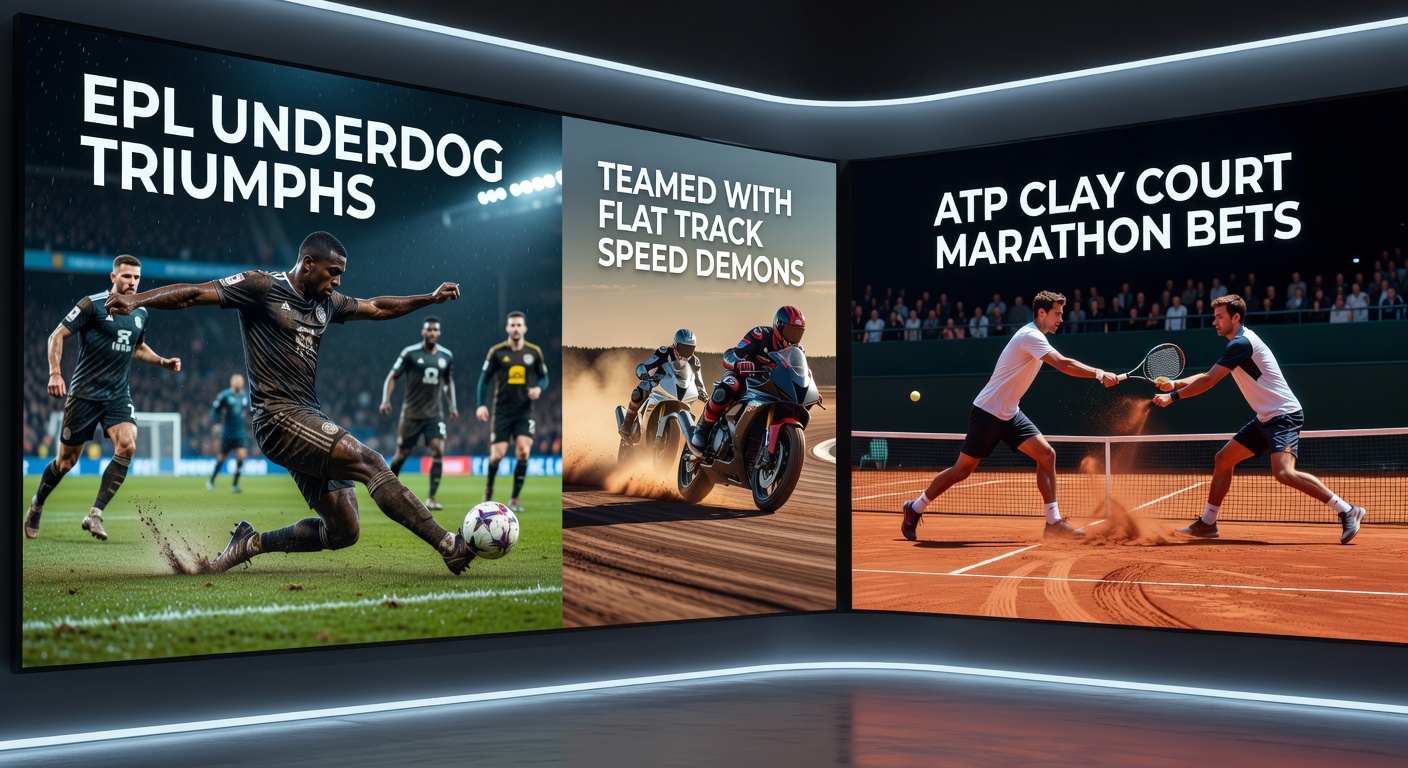 EPL underdog celebration on the pitch, flat racehorse sprinting ahead, and intense ATP clay court rally
