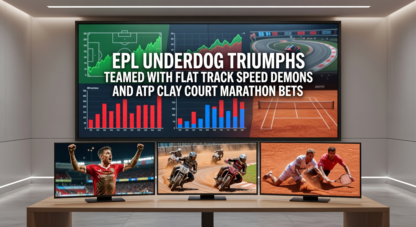 Tennis player sliding on clay during a long rally, overlaid with EPL team huddle and galloping racehorse