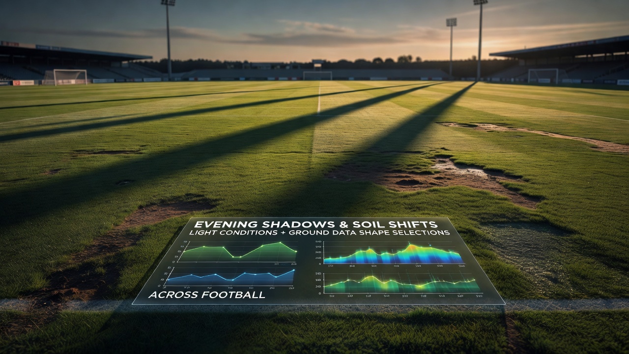 Horse racing track at dusk with visible soil conditions and evening shadows affecting visibility for jockeys and trainers