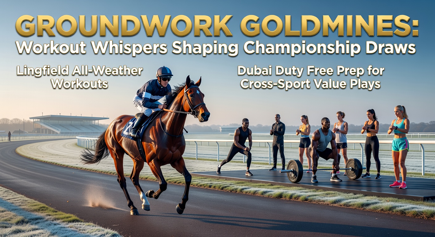 Horses galloping during a misty morning workout session at Lingfield's all-weather track, with trainers jotting notes in the foreground
