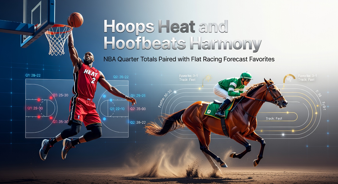 Dynamic scene blending an NBA basketball court in action with a vibrant flat horse racing track under sunny skies, symbolizing the fusion of hoops intensity and turf speed