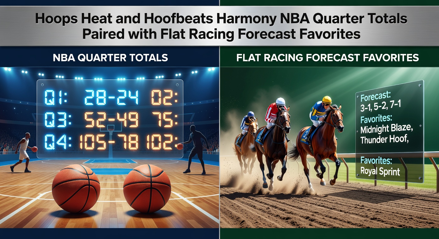 Close-up action shot of an NBA player driving to the basket alongside a horse thundering down the straight in a flat race, capturing the thrill of paired betting markets