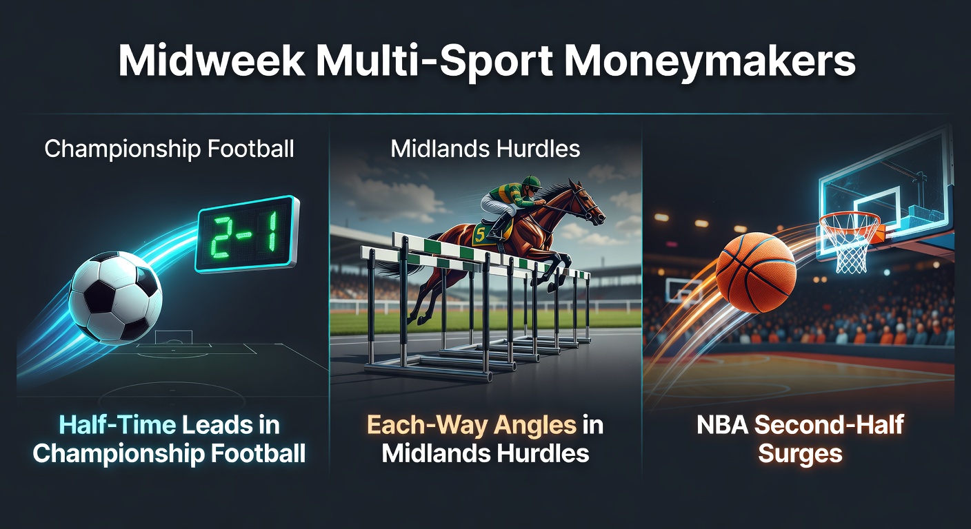 Midweek action across Championship football pitch, hurdle racecourse, and NBA court highlighting betting opportunities