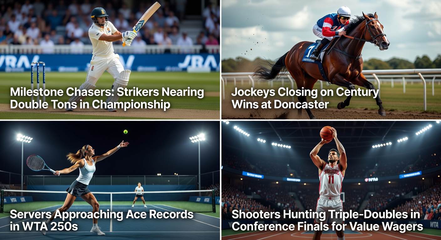 Collage of a football striker celebrating, a jockey crossing the finish line at Doncaster, a tennis server mid-ace, and a basketball player posting a triple-double stat line