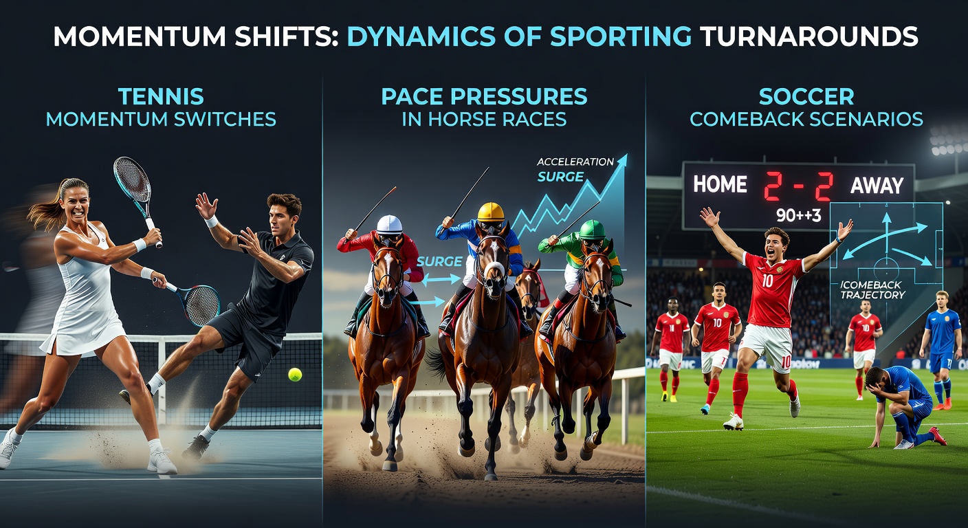 Horse race scene showing front-runner under pace pressure as closers charge from behind in a tight finish