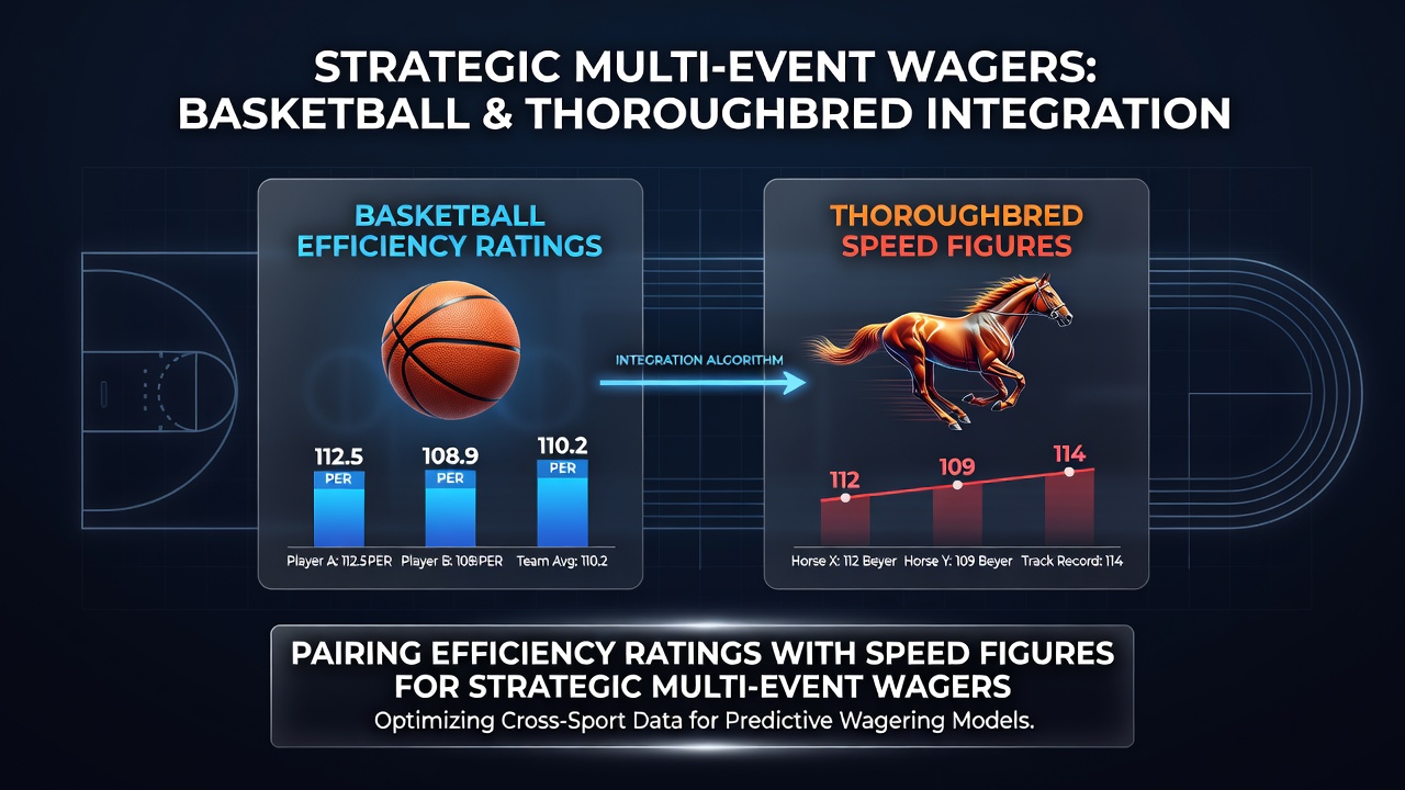 Visual representation of basketball efficiency metrics alongside thoroughbred speed charts used in multi-event betting analysis