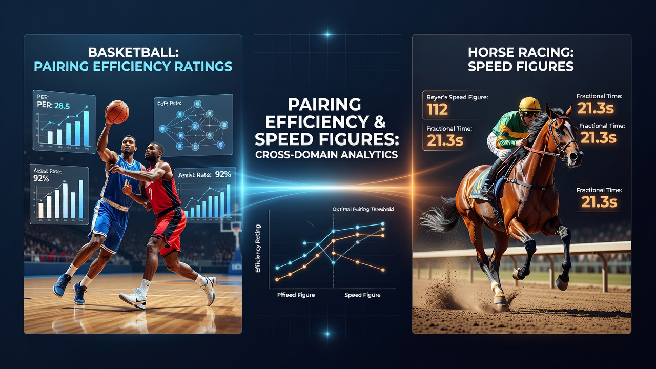 Infographic illustrating how basketball efficiency ratings combine with thoroughbred speed figures to inform accumulator selections