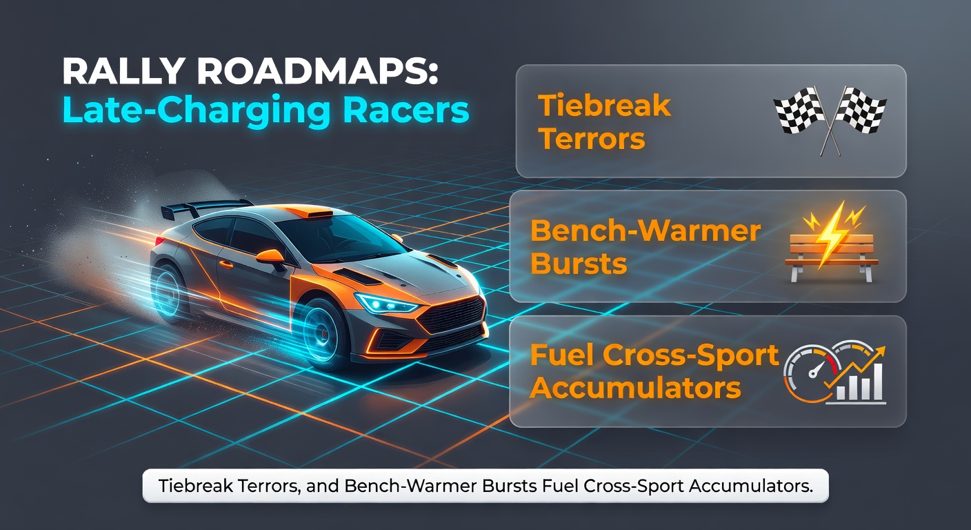 A late-charging rally car powers through a dusty forest stage, kicking up gravel as it closes the gap on leaders