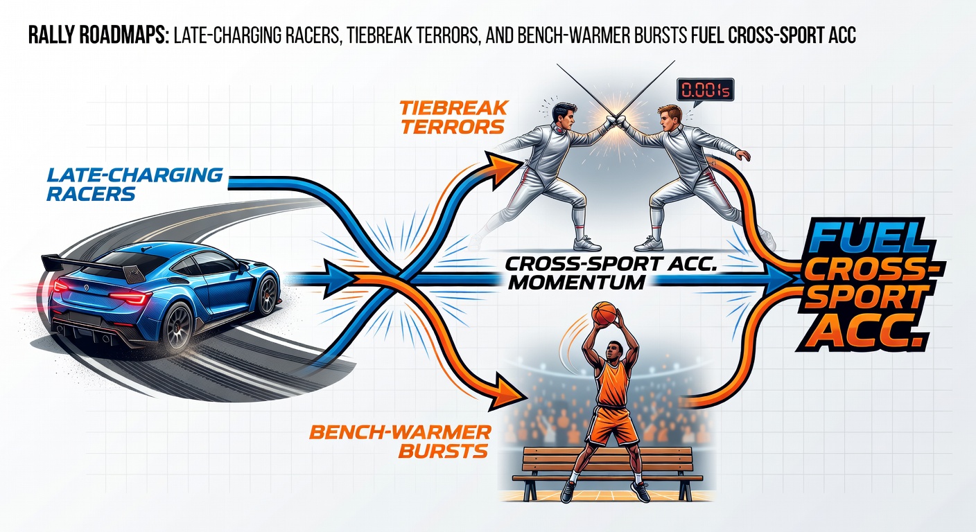 Collage of a rally driver celebrating a late win, a tennis player fist-pumping a tiebreak victory, and an NBA bench player dunking explosively