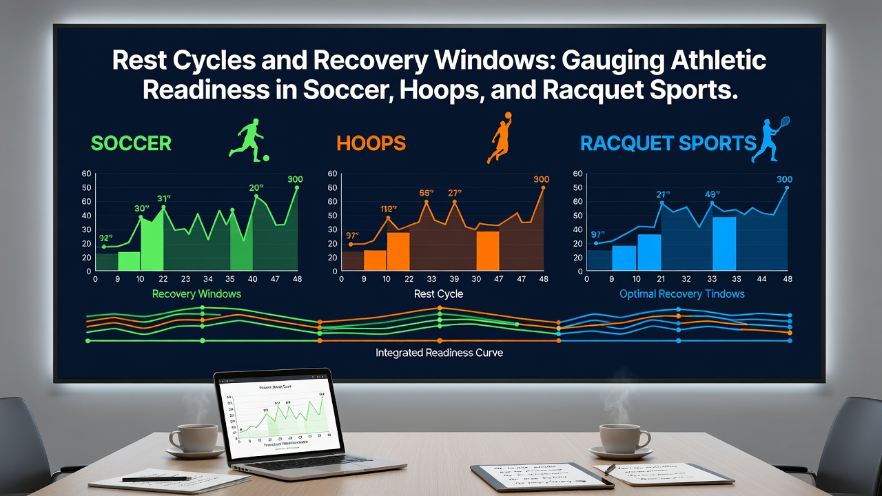 Coaches reviewing recovery data dashboards showing sleep scores and readiness metrics for athletes in soccer, basketball, and racquet sports