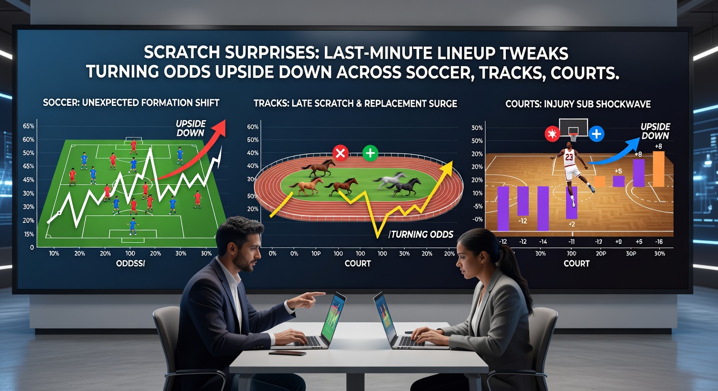 Horse racing starting gate with one empty stall amid thundering hooves, overlaid with fluctuating tote board odds reacting to a late scratch