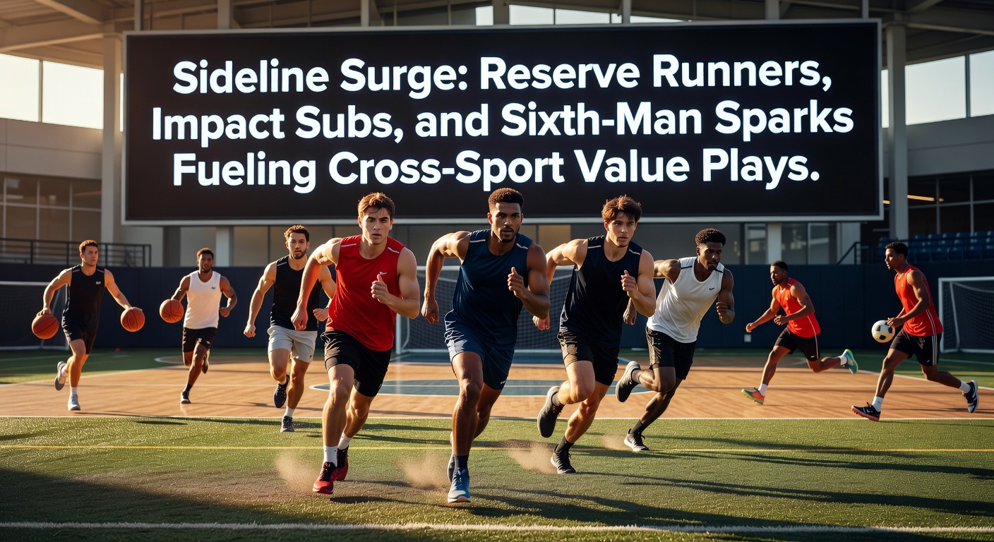 A reserve runner surging ahead in a horse race, with a soccer sub celebrating a goal and a basketball sixth man driving to the hoop in a dynamic collage