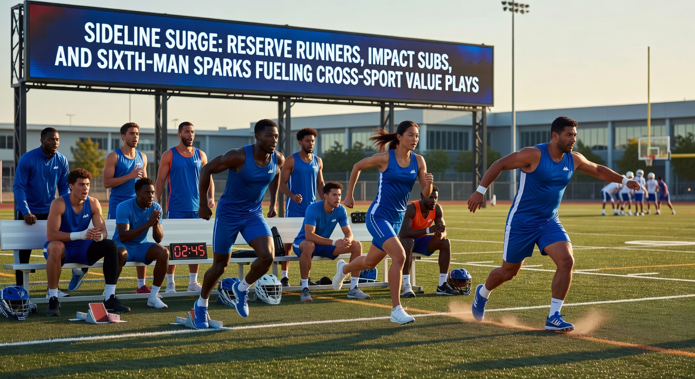 Soccer impact sub scoring a late winner, overlaid with a basketball sixth man posterizing a defender and a horse reserve runner crossing the line first