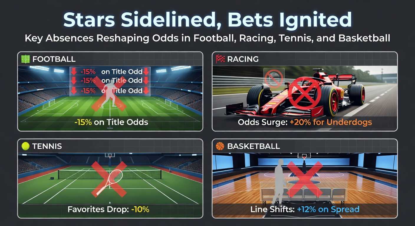 Tennis player clutching knee on court as odds boards flicker with updated lines for upcoming matches