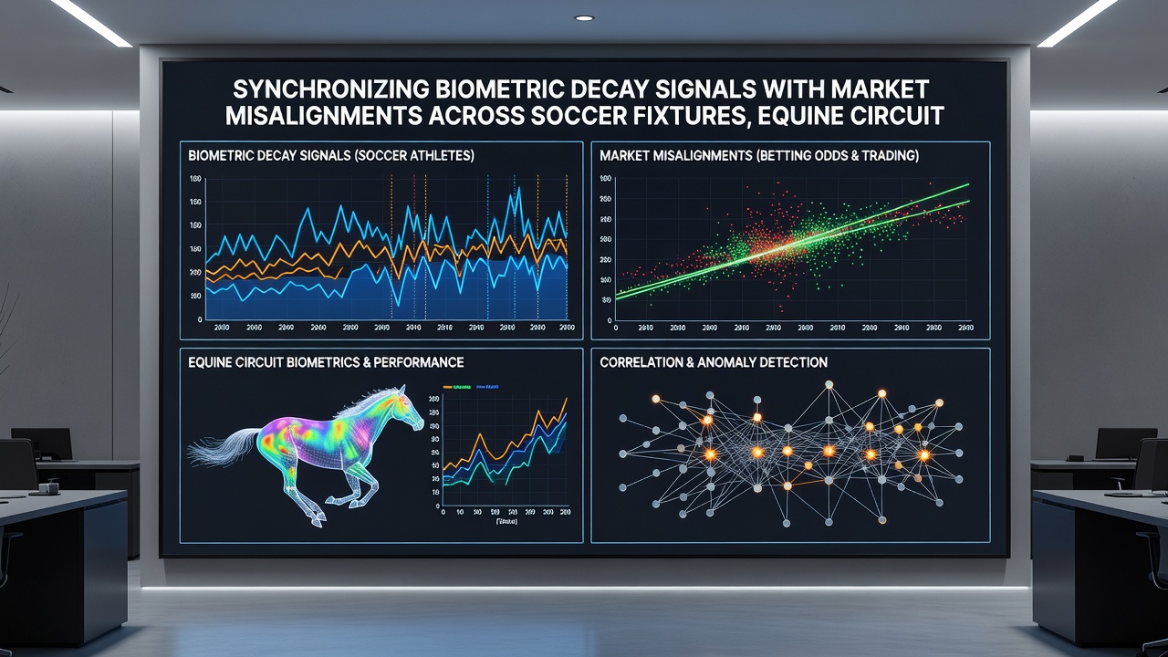 Data visualization dashboards displaying synchronized biometric trends and betting market movements for soccer, tennis, horse racing and basketball events