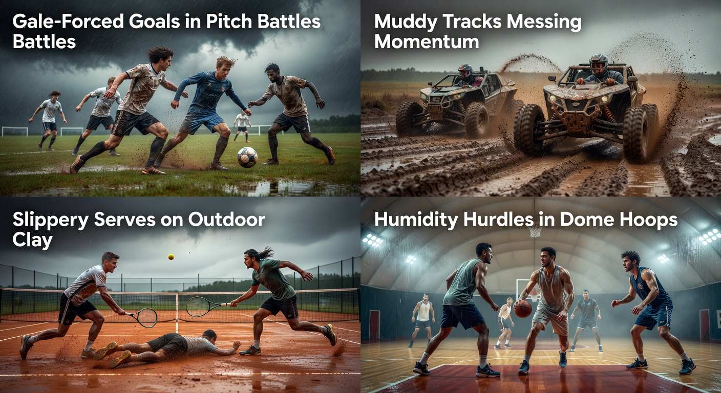 Soccer players struggling against fierce winds on a rain-swept pitch during an intense match