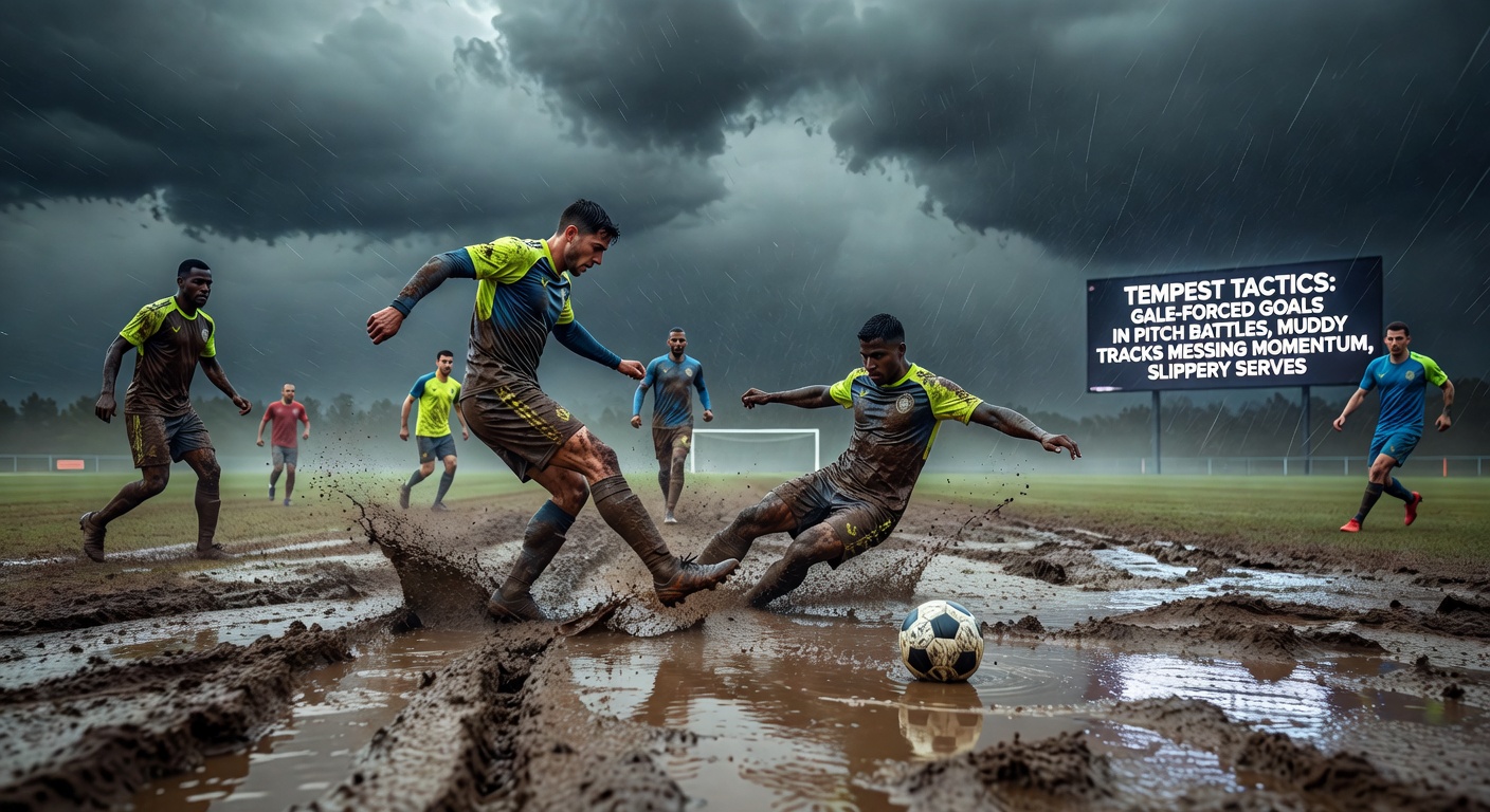Horses splashing through deep mud on a rain-soaked race track, riders urging them on amid flying divots