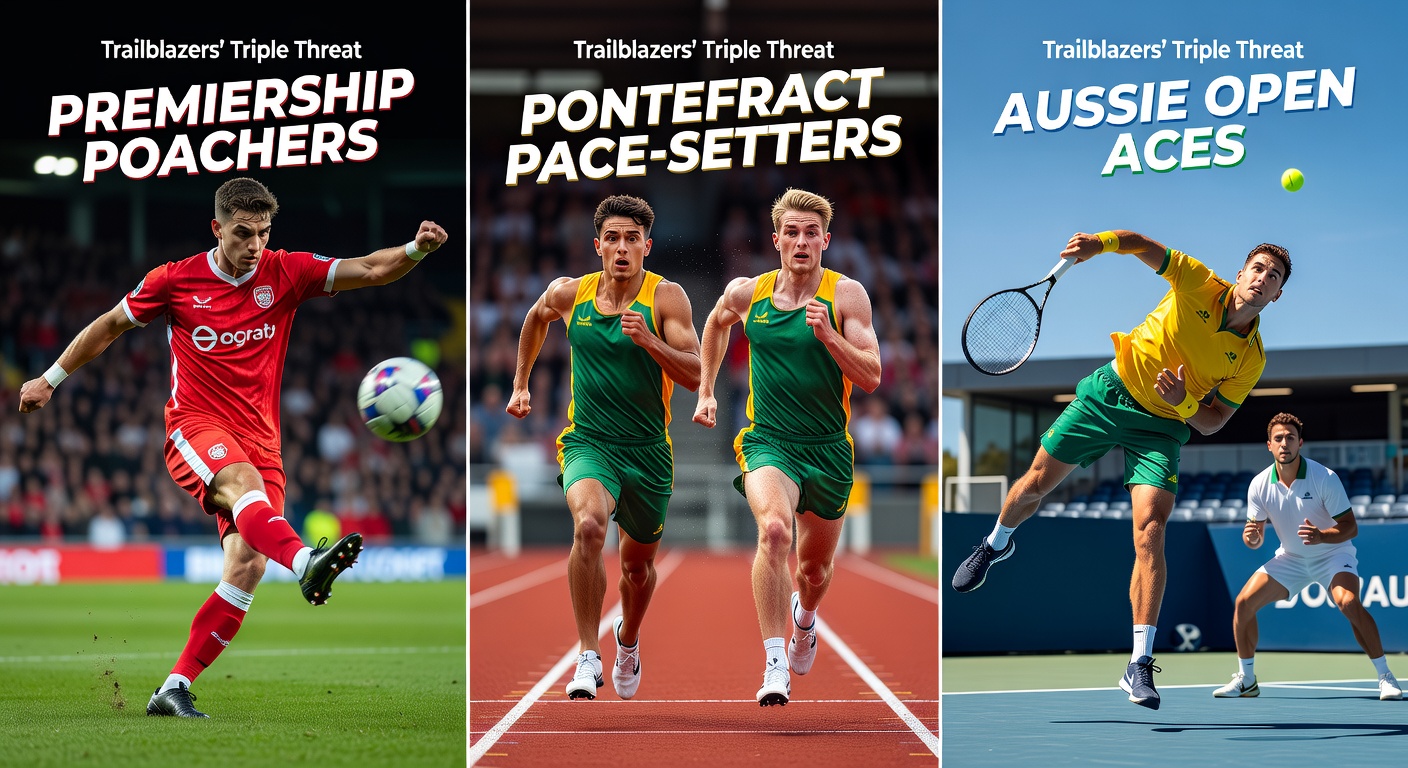 Dynamic action shot capturing rugby try poachers, horse racing front-runners, and tennis aces in high-stakes moments across sports