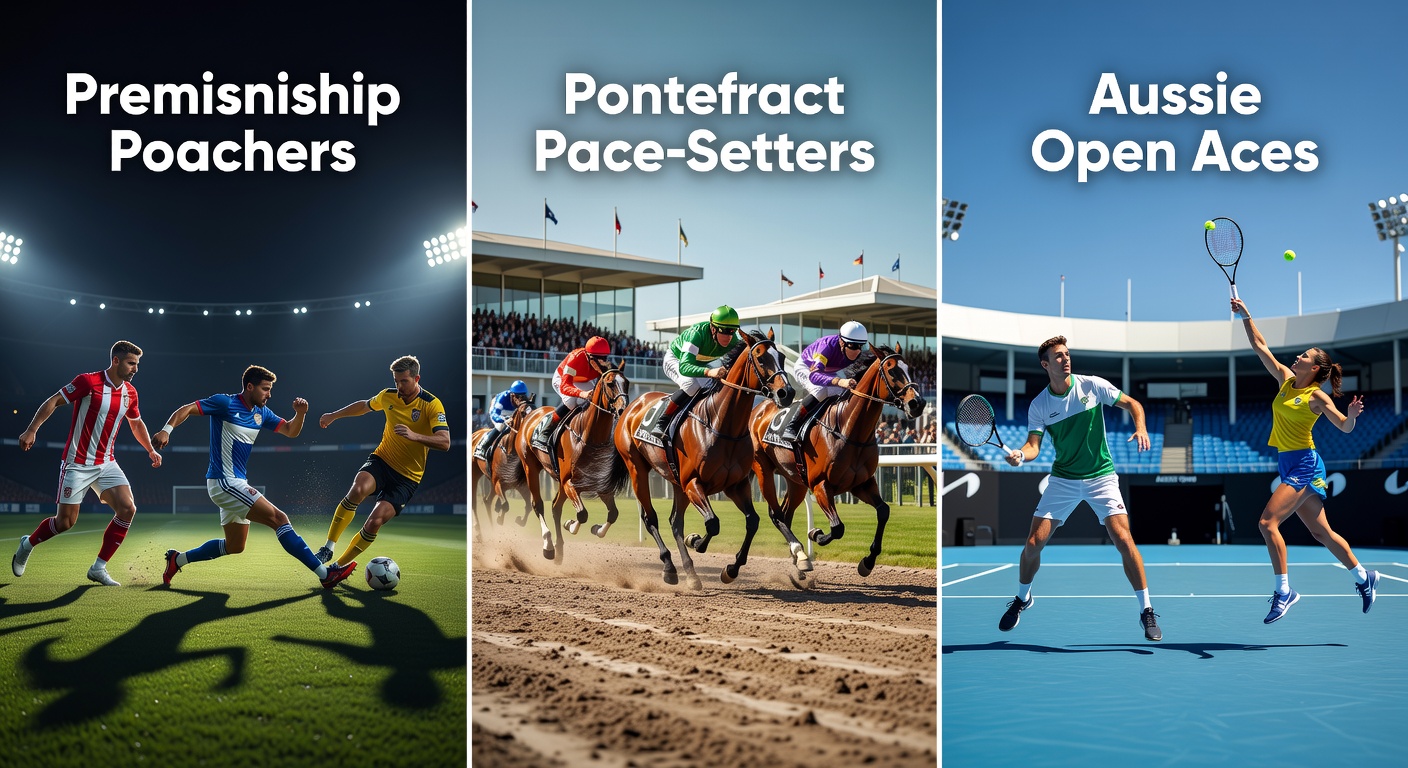 Thrilling Pontefract race scene with pace-setters leading the pack around sharp bends under Yorkshire skies