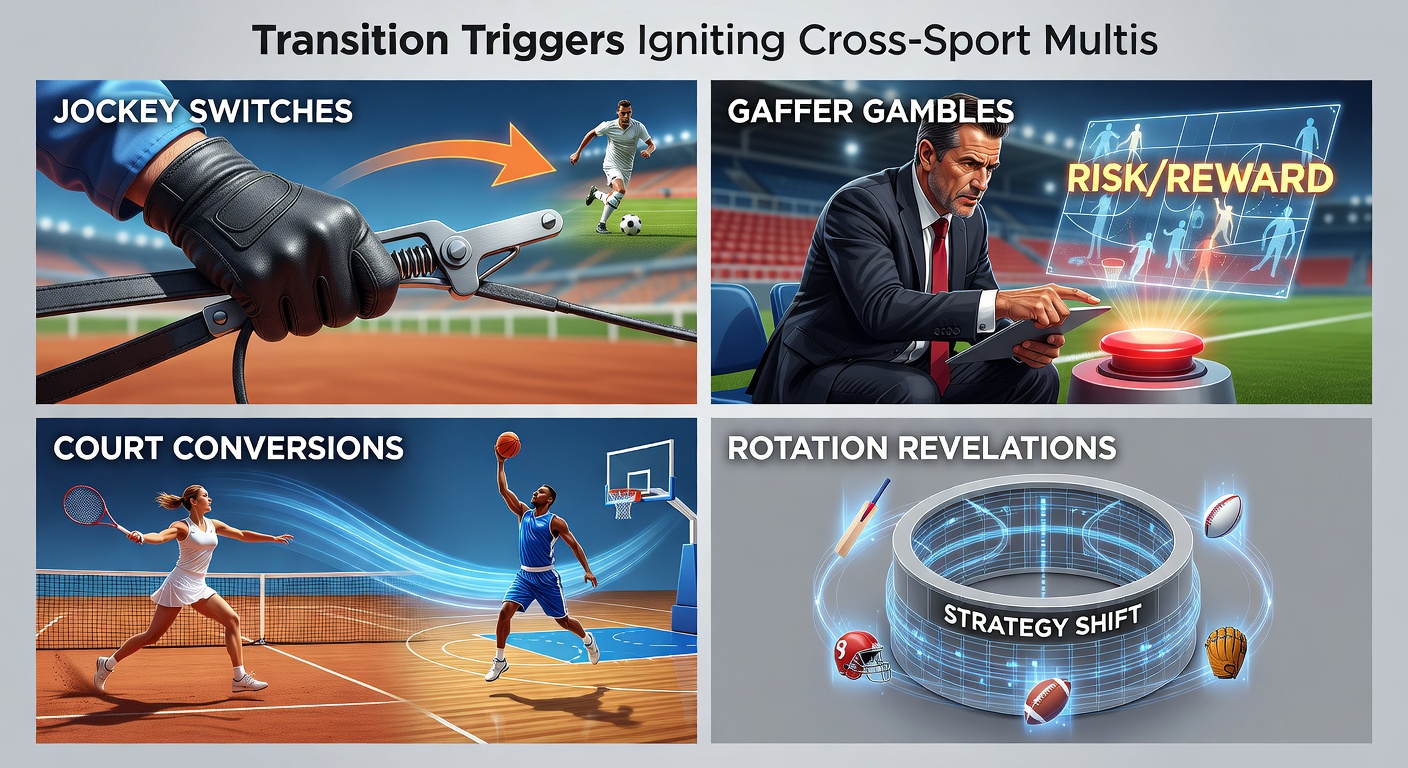 A jockey mid-switch atop a charging thoroughbred during a tense flat race, highlighting the raw energy of rider changes that shift race dynamics