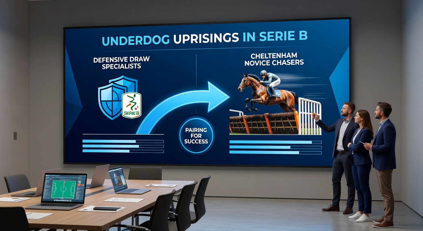 Cheltenham novice chaser leaping a hurdle in full flight, spray kicking up from the turf under dramatic skies