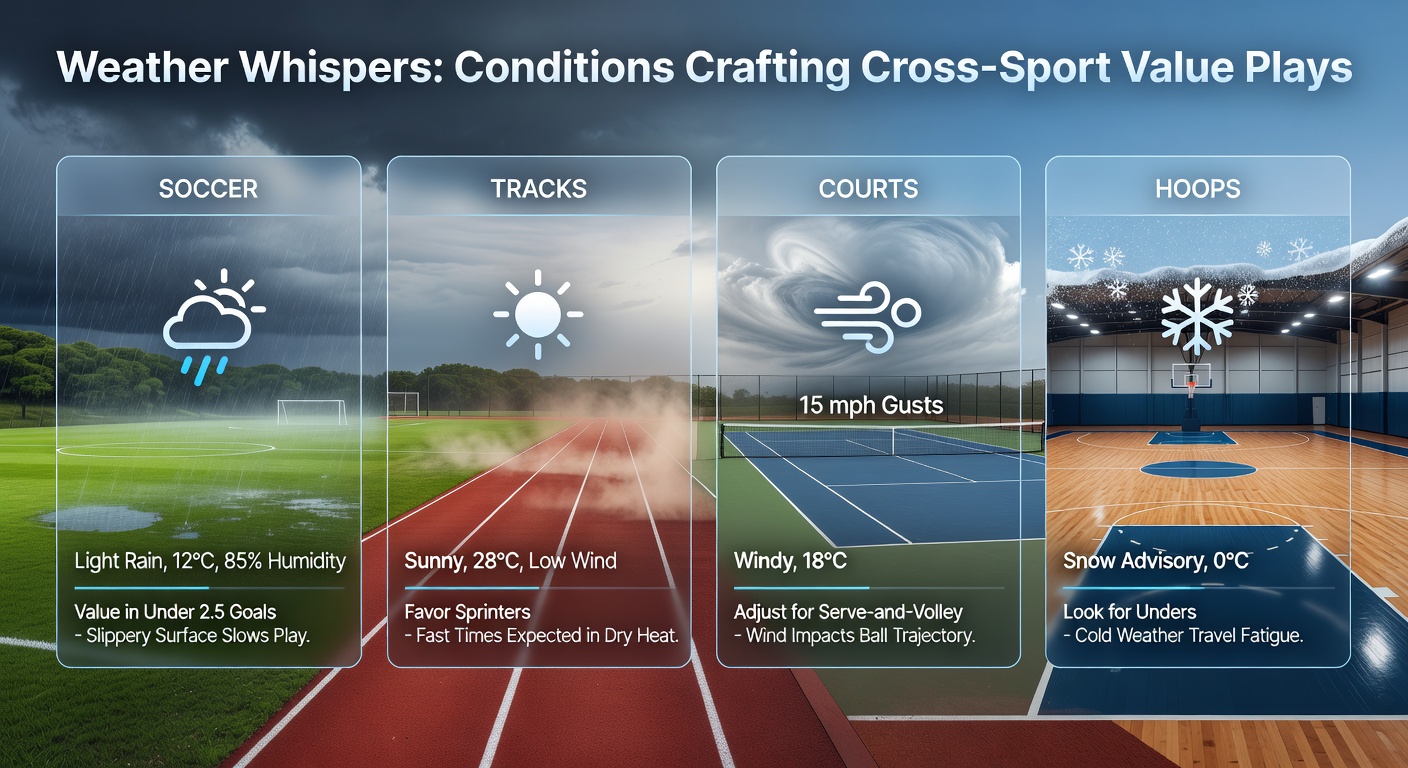 Storm clouds gathering over a soccer pitch with horse track in background, tennis court nets fluttering in wind, and basketball hoop under rain