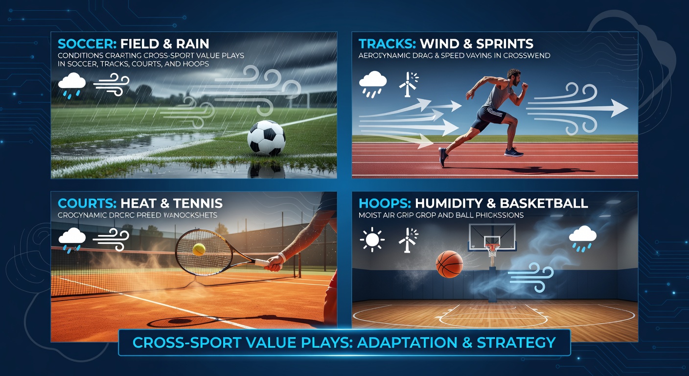 Wind-swept tennis court with players adjusting, rainy horse track race in motion, soccer players slipping on wet pitch, and indoor basketball game contrasting outdoor chaos