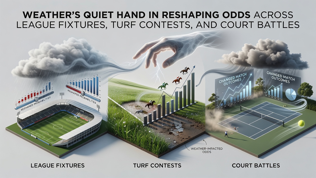 Tennis players competing on outdoor courts under changing weather conditions that affect ball speed and player endurance