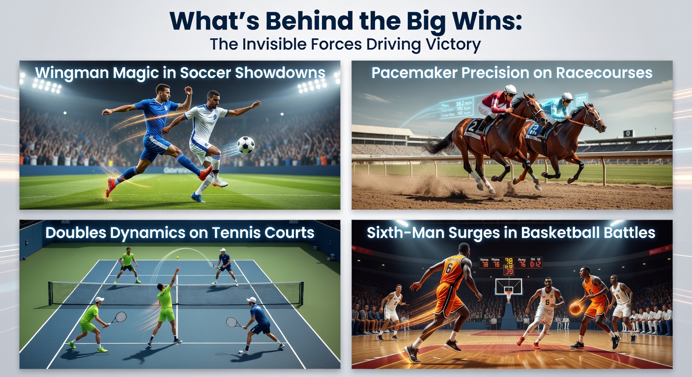 Dynamic action shot capturing a soccer assist, horse pacemaker leading a pack, tennis doubles volley exchange, and basketball sixth man dunking fiercely