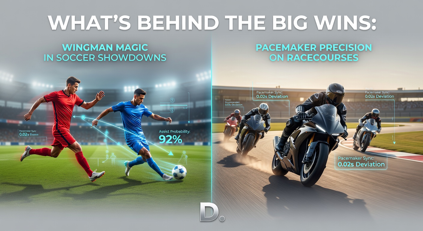 Collage of wingman soccer cross, pacemaker horse surging ahead, tennis doubles net play, and basketball sixth man fast break