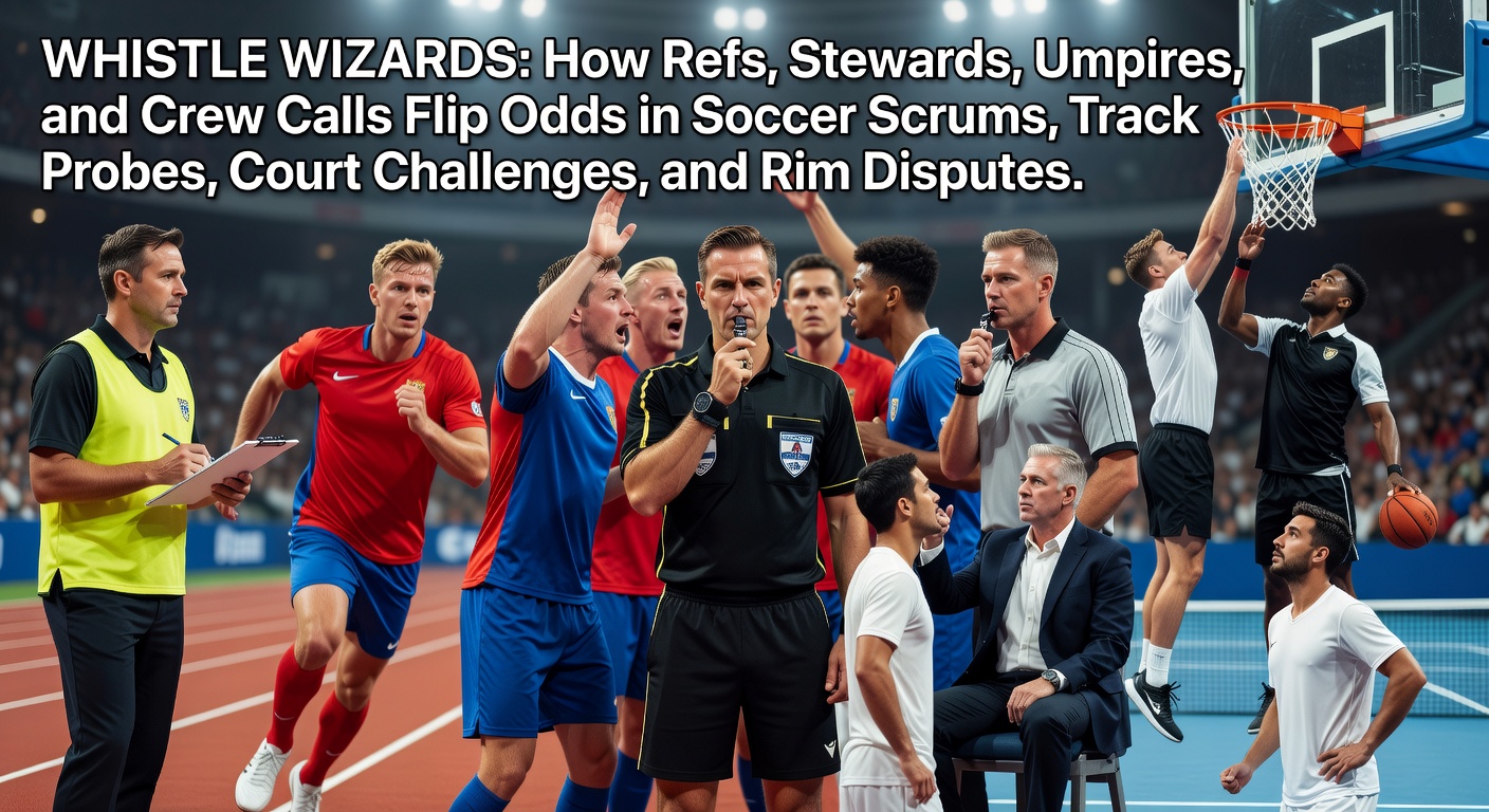 Soccer referee signaling a foul amid a chaotic set-piece scrum, with players jostling for position