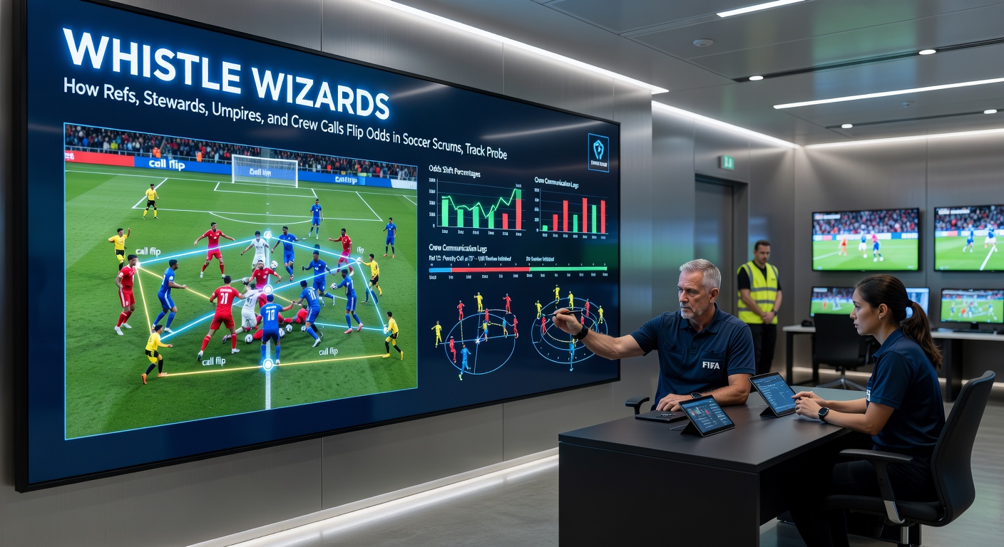 Tennis umpire reviewing a Hawk-Eye challenge on court, with players awaiting the verdict