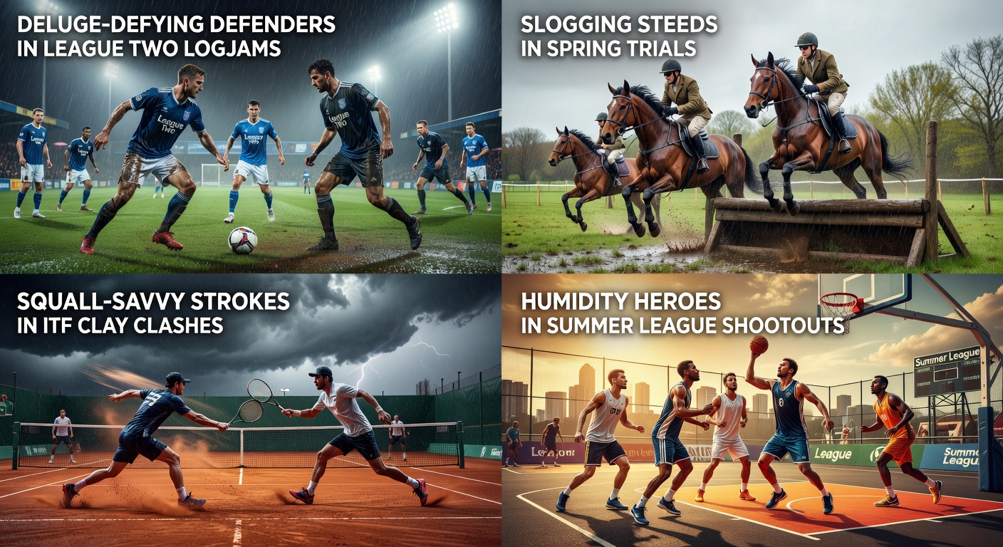 Rain-soaked League Two pitch with defenders holding firm amid a deluge, highlighting weather's impact on tight football matches