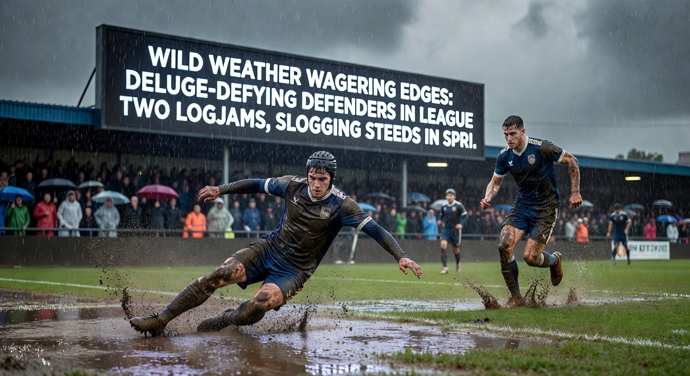 A slogging steed powering through heavy mud in a spring trial race, water spraying as it defies the deluge